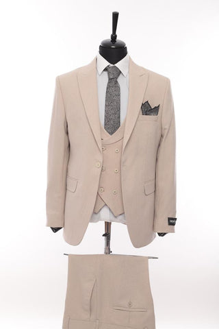 3pc Slim LT. TAN Suit with Double Breasted Shawl Vest