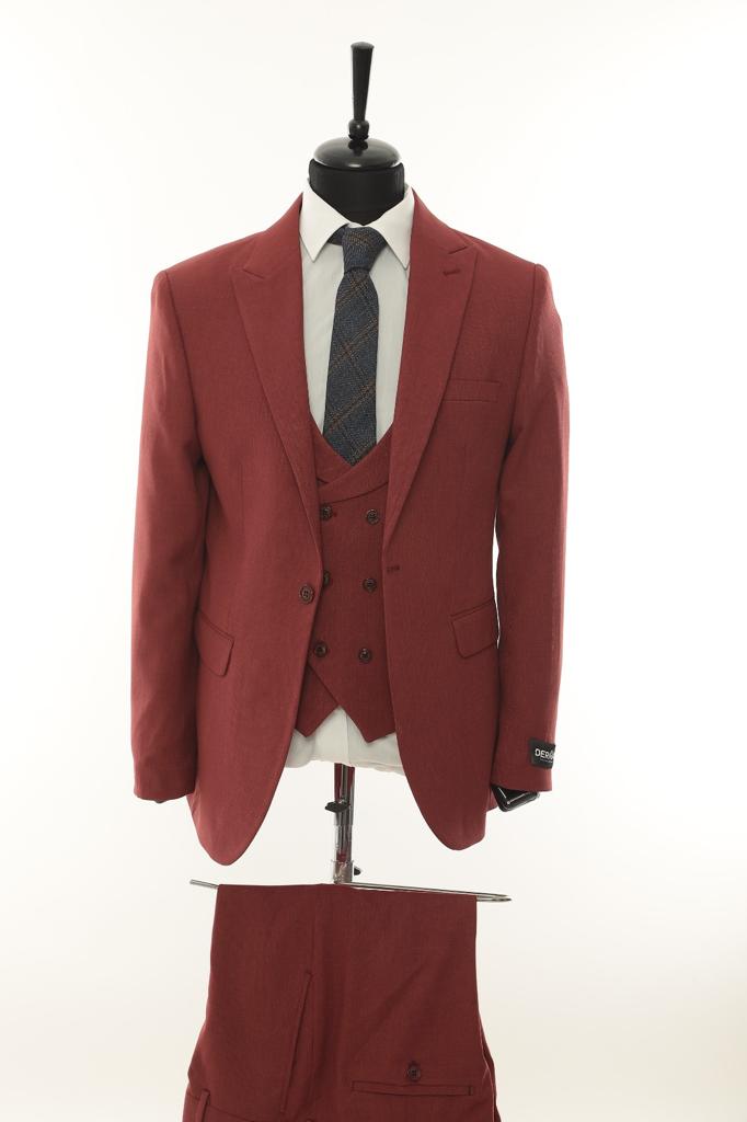 3pc Slim Red/Orange Suit with Double Breasted Shawl Vest